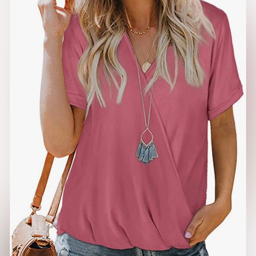 Dusty Rose Faux Wrap Top Small | Draped Front Short Sleeve Blouse